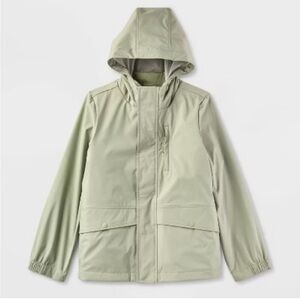 Green Raincoat with High Collar and Weather-Resistant Material